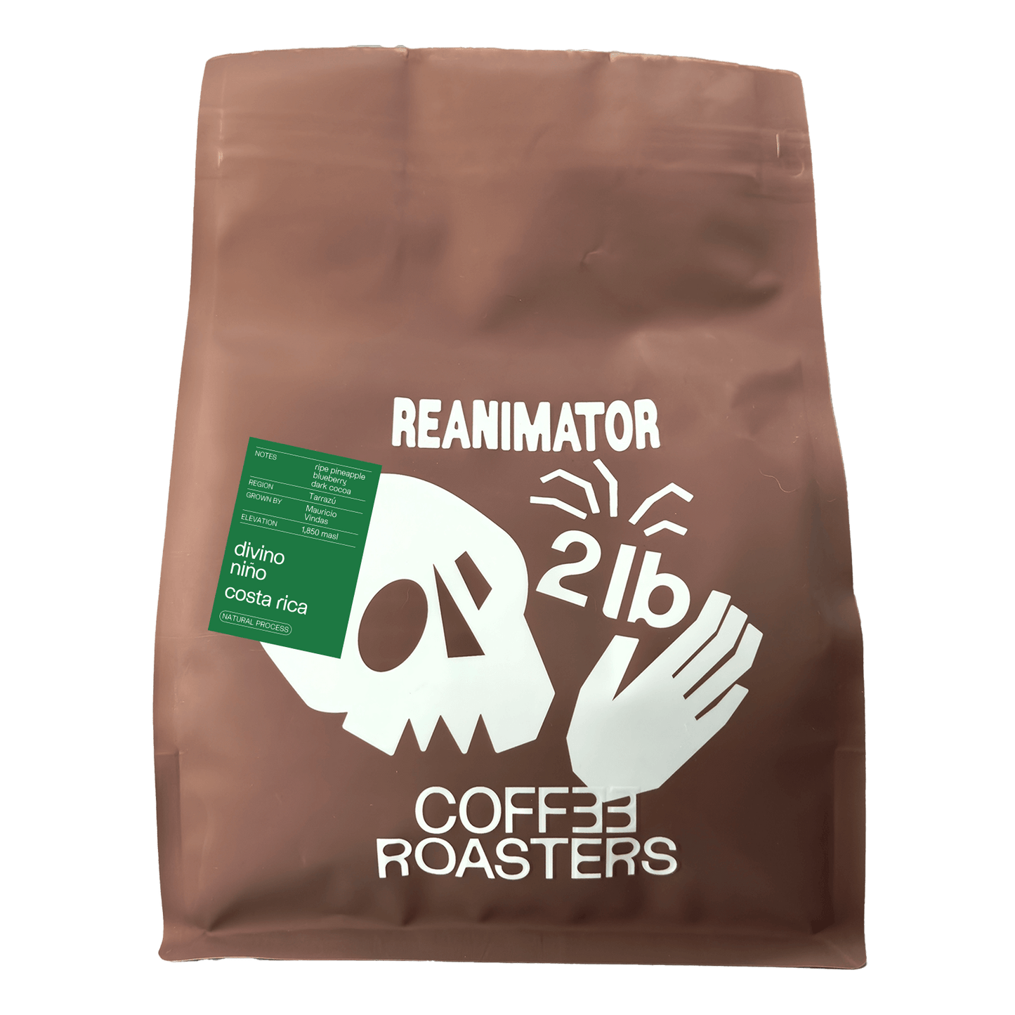 Costa Rica Divino Niño Natural Process coffee bag, 2lb, from Reanimator Coffee Roasters featuring unique skull design.